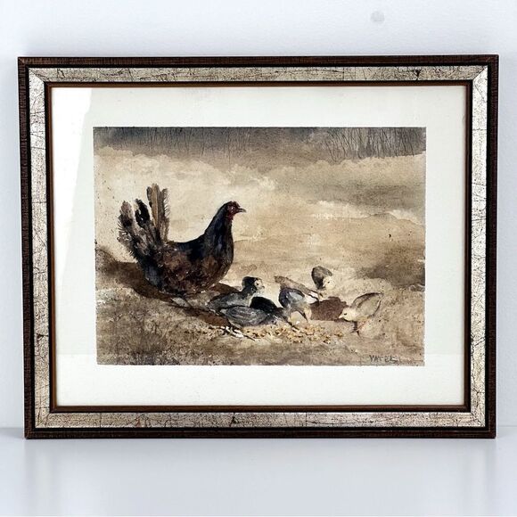DENNIS T. YATES WATERCOLOR ON PAPER CHICKEN WITH CHICKS PAINTING - Picture 1 of 10